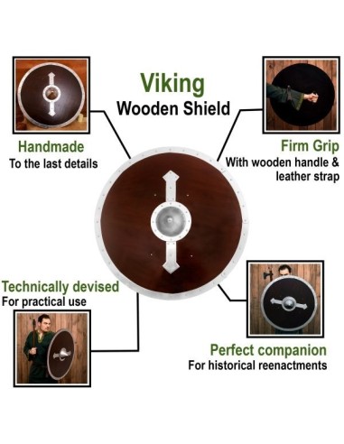 LOB Bouclier Viking rond en bois fait à la main et fonctionnel