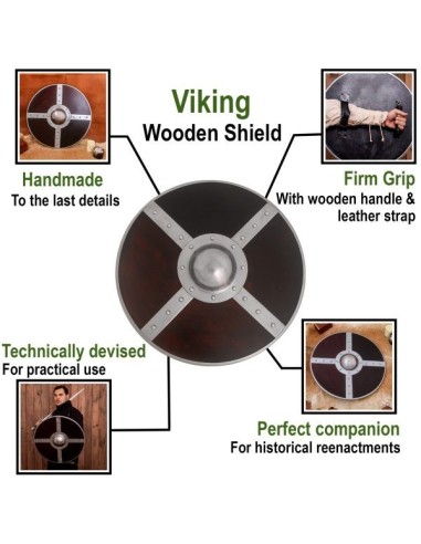 LOB Bouclier Viking en bois avec Umbo en acier et raccords