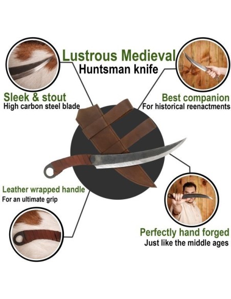 LOB Couteau forgé à la main de chasseur médiéval avec gaine en cuir véritable