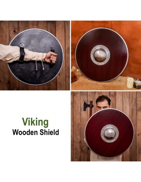LOB Bouclier rond en bois Viking fait à la main et entièrement fonctionnel