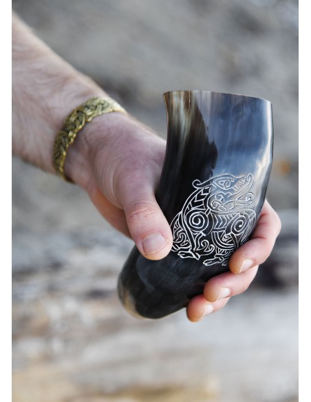 BATTLE DRINKING HORN WITH METAL STAND  - VIKING DRAGON
