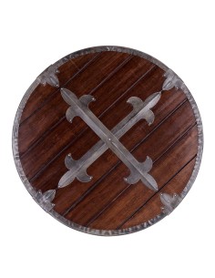 BATTLE ROUND WOODEN SHIELD WITH METAL DECORATION