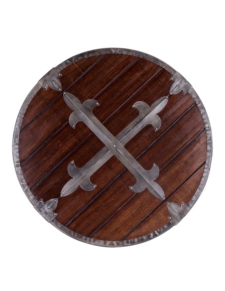 BATTLE ROUND WOODEN SHIELD WITH METAL DECORATION