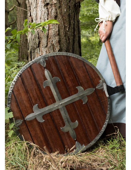 BATTLE ROUND WOODEN SHIELD WITH METAL DECORATION