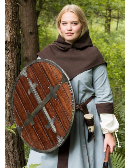 BATTLE ROUND WOODEN SHIELD WITH METAL DECORATION